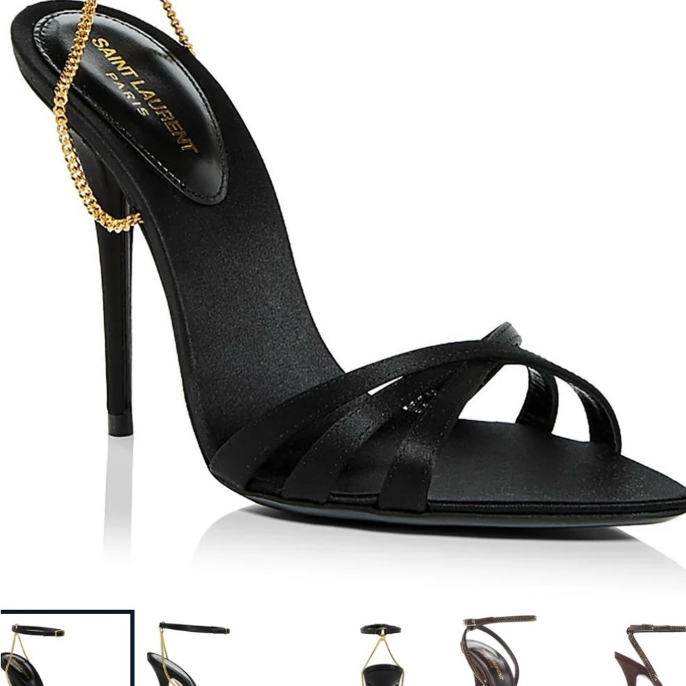 Saint Laurent Black Melody Stiletto Heels with Gold Ankle Strap